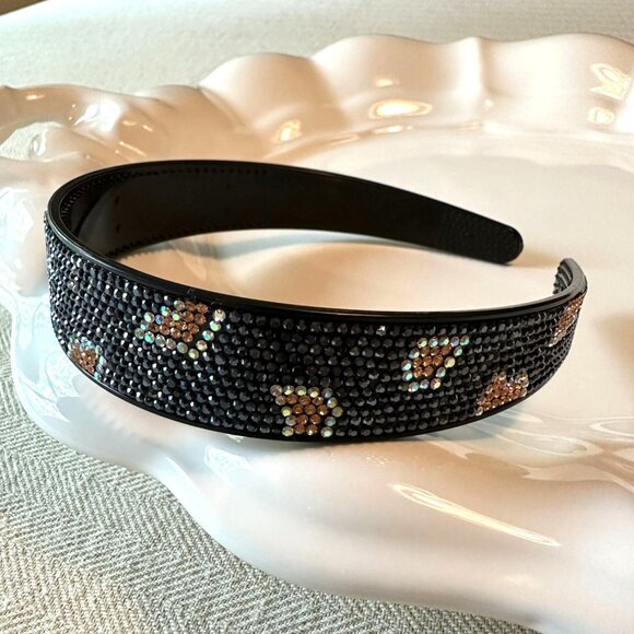 Navy Rhinestone-Studded Headband With Brown Leopard Print Accent NWOT - Picture 1 of 4